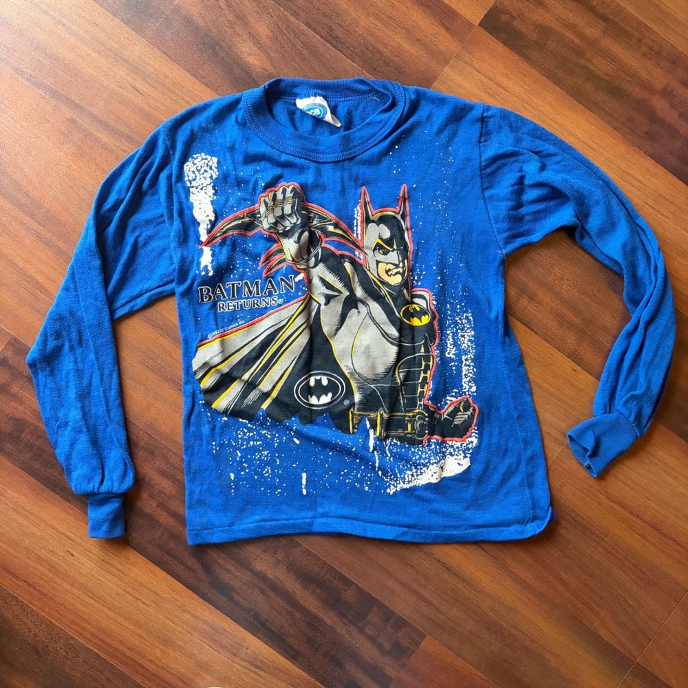Vintage 1992 Batman‎ Returns Long Sleeve Graphic Tee Blue Youth Size 12 DCA 3143